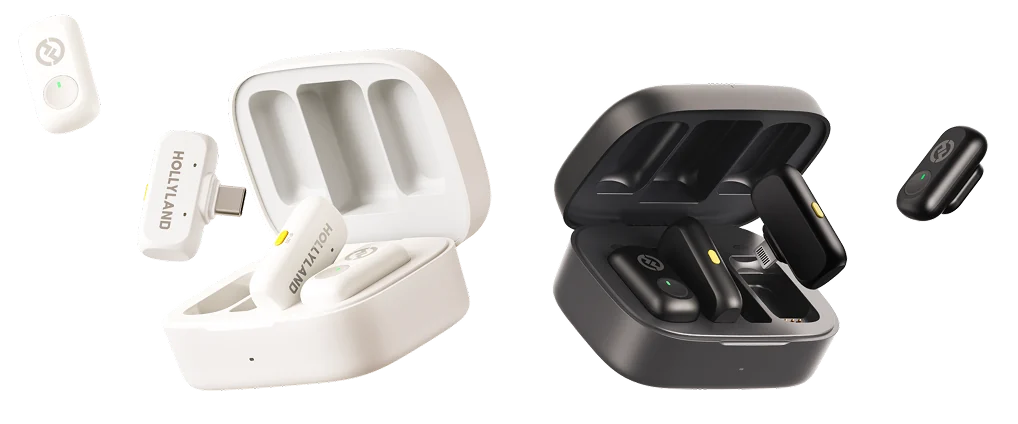 Kits do microfone sem fio Hollyland Lark A1 nas cores branca e preta, com estojo de carga aberto, transmissores e receptor USB-C